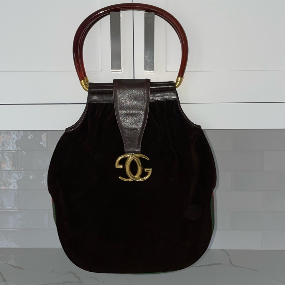 Gucci Stripe Brown Suede Resin Handle Hobo Bag Authentic Designer and Vintage